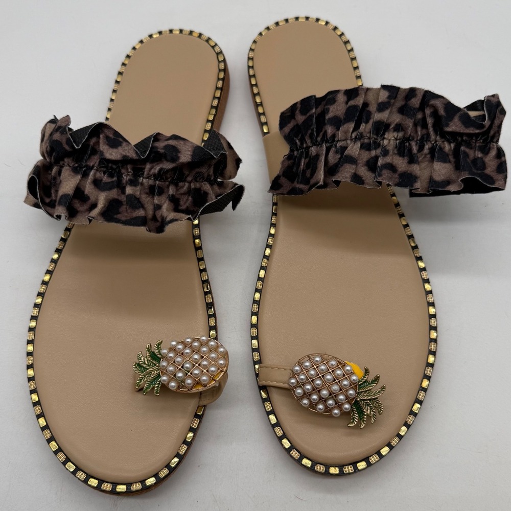 Leopard Ruffle‎ Pineapple Pearl Toe Ring Flat Sandals Studded Trim EU 43 US 12